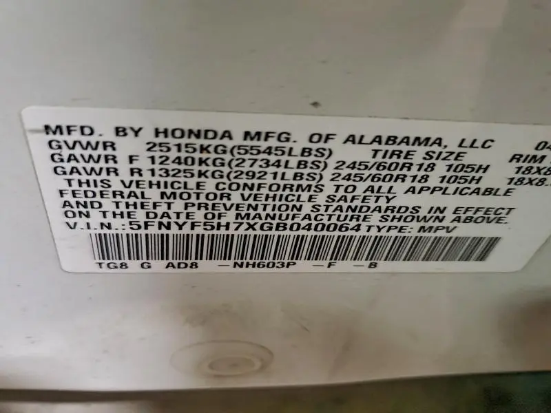 2016 HONDA PILOT EXLN  