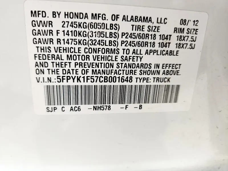 2012 HONDA RIDGELINE RTL  
