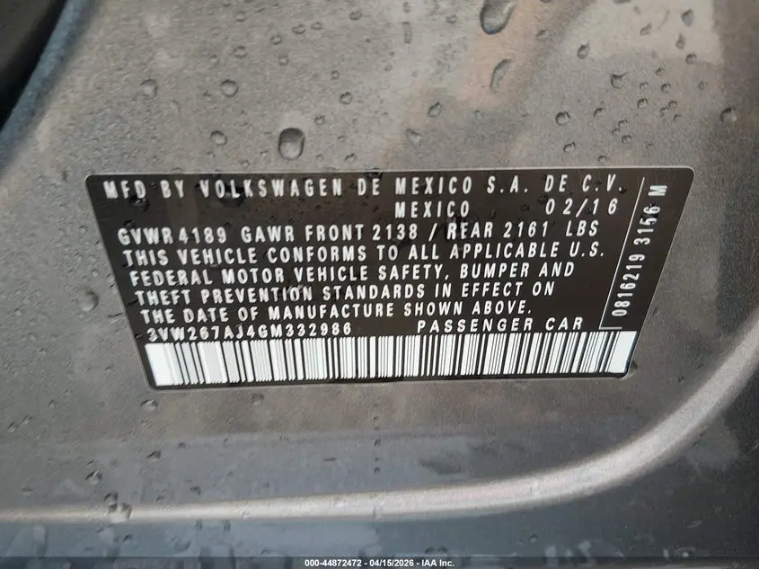 2016 VOLKSWAGEN JETTA 1.4T S