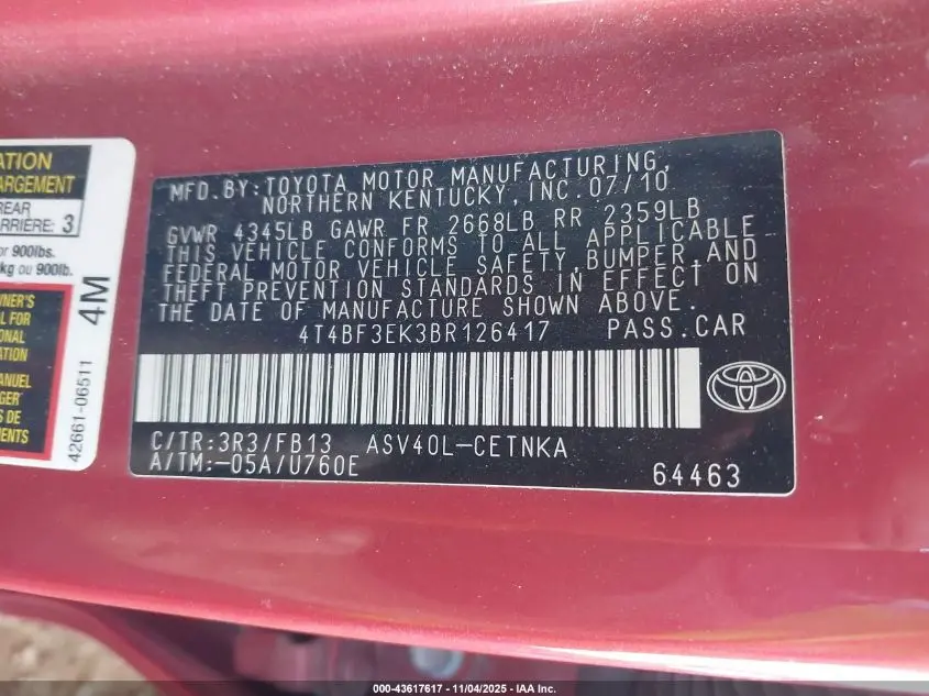 2011 TOYOTA CAMRY LE