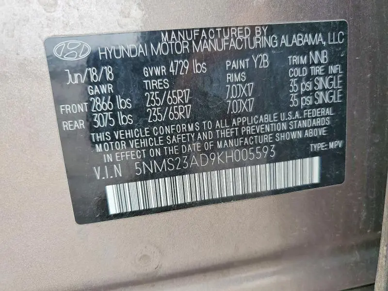 2019 HYUNDAI SANTA FE SE  