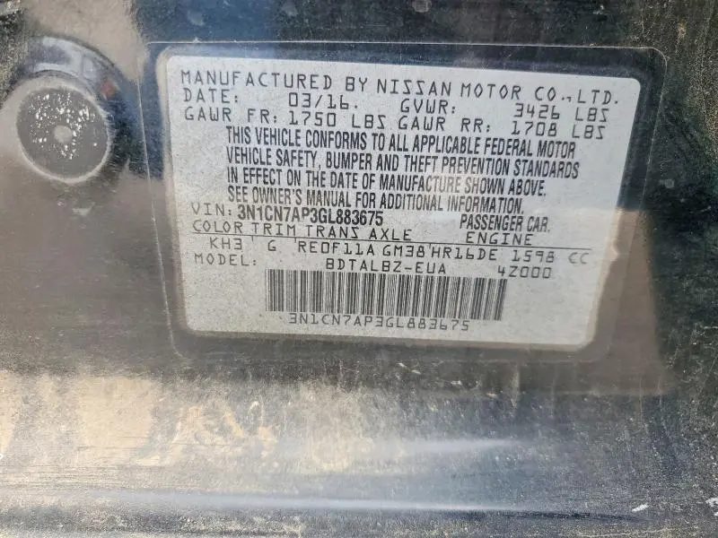 2016 NISSAN VERSA 1.6 SV  