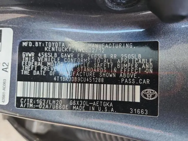 2012 TOYOTA AVALON BASE  