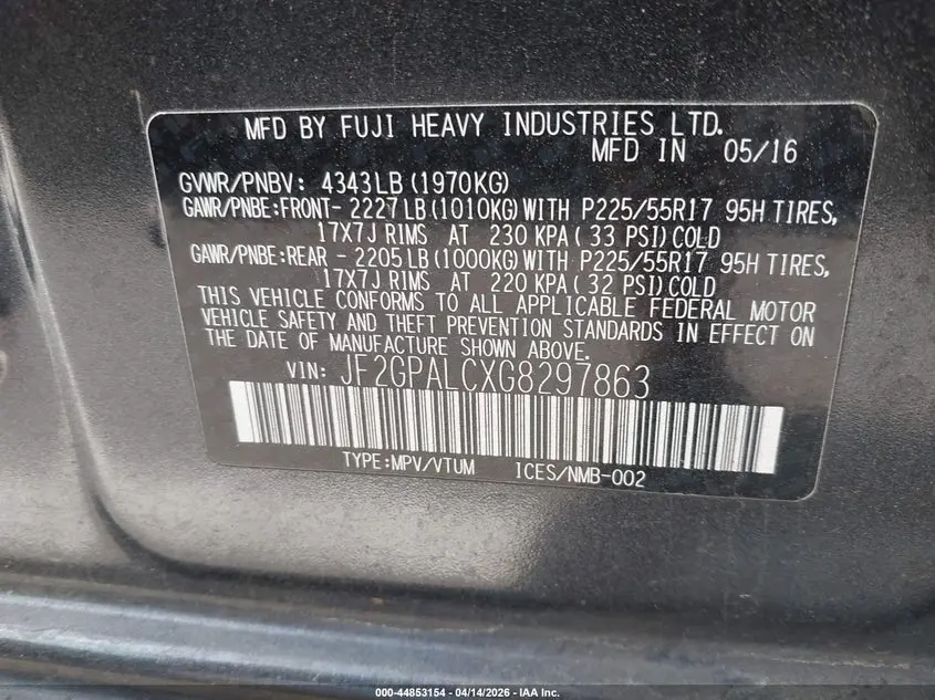 2016 SUBARU CROSSTREK 2.0I LIMITED