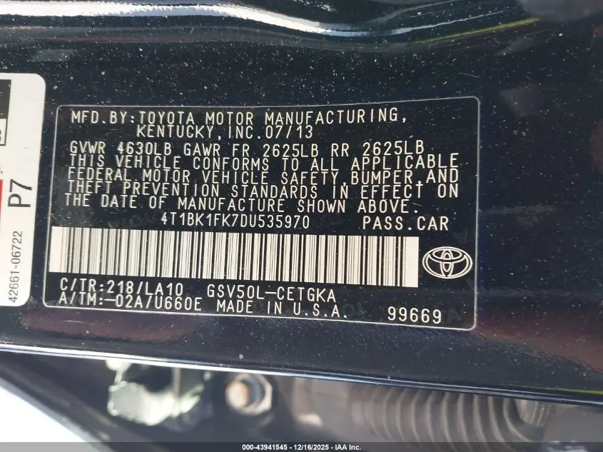 2013 TOYOTA CAMRY XLE V6
