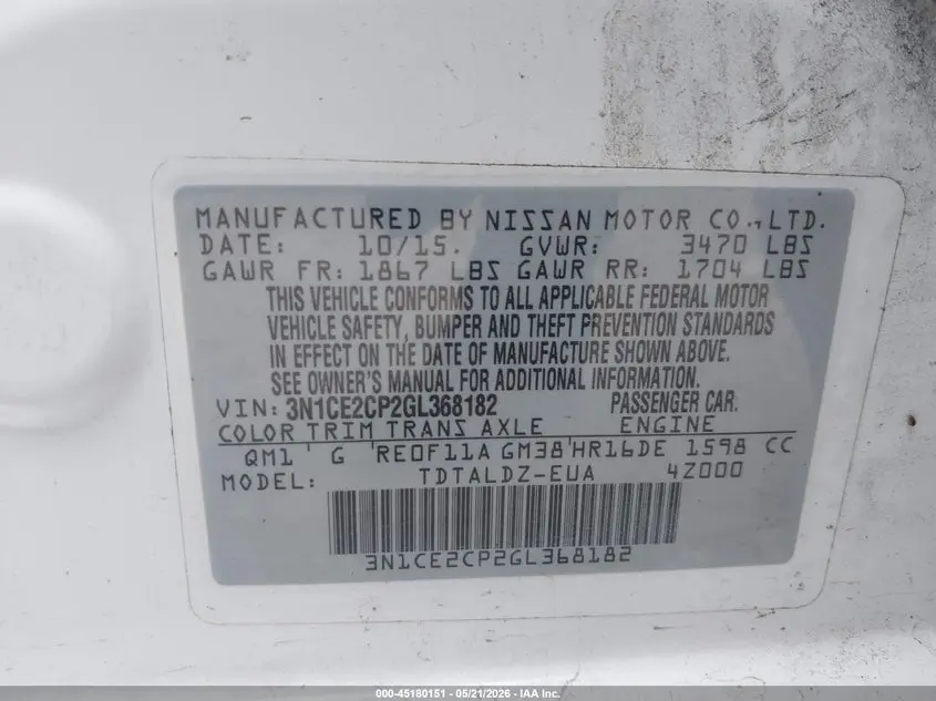 2016 NISSAN VERSA NOTE SV