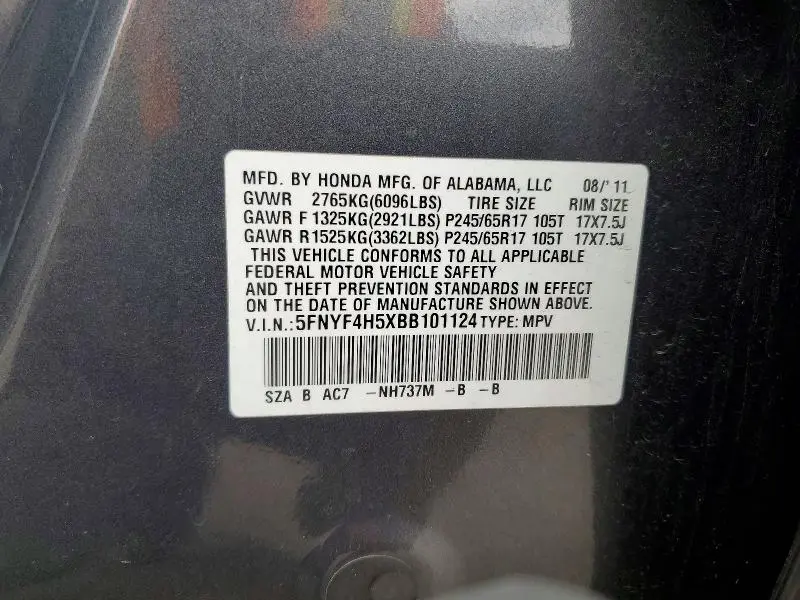 2011 HONDA PILOT EXL  