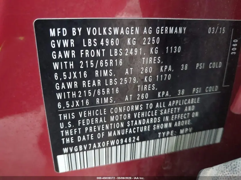 2015 VOLKSWAGEN TIGUAN S