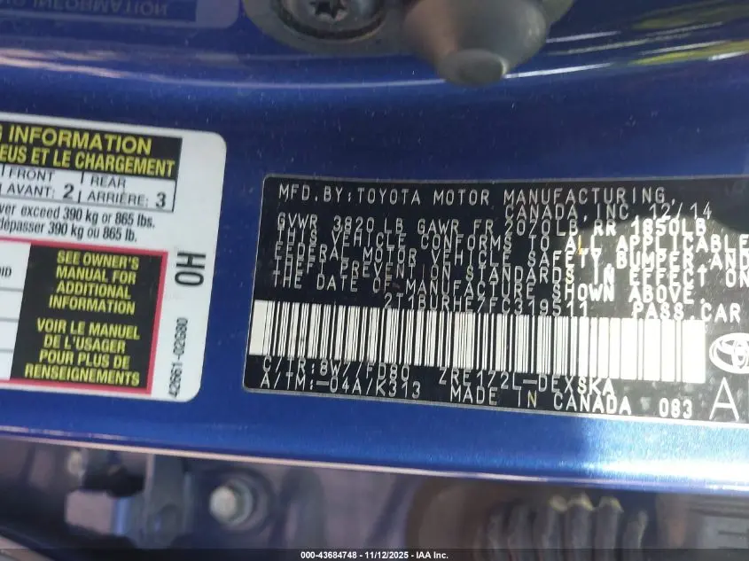 2015 TOYOTA COROLLA S PLUS