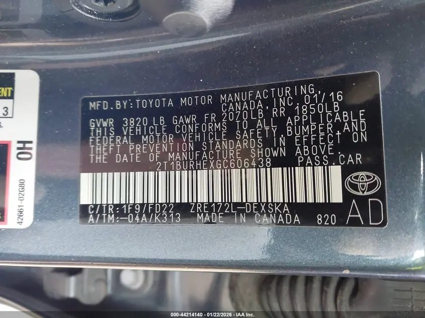 2016 TOYOTA COROLLA S PLUS