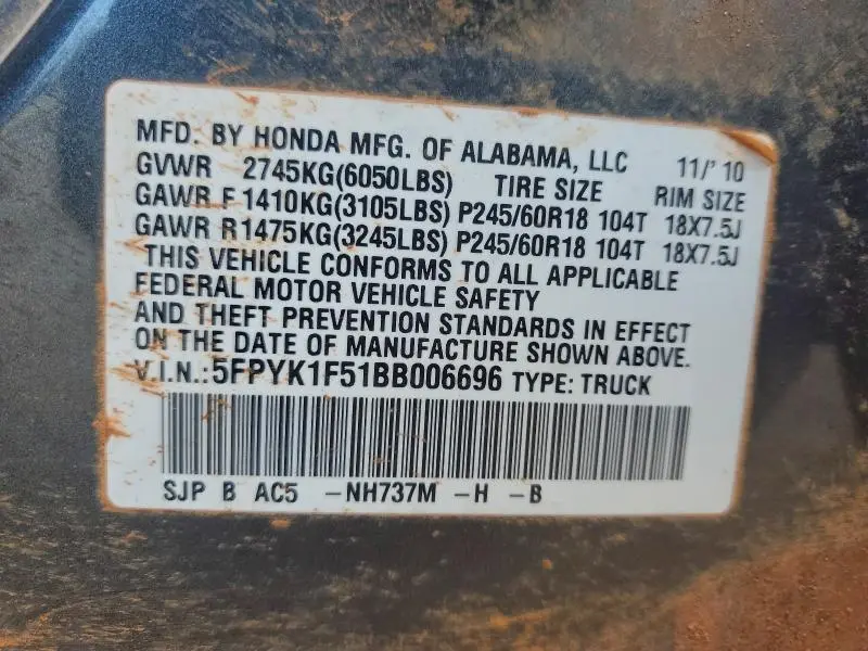 2011 HONDA RIDGELINE RTL  