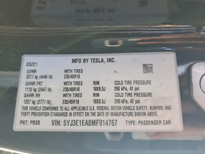 2021 TESLA MODEL 3   