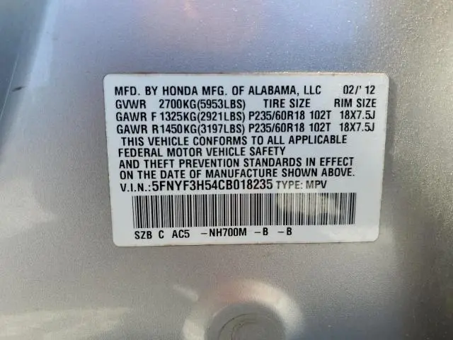 2012 HONDA PILOT EXL  