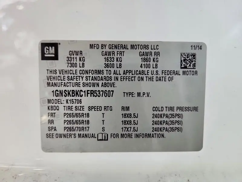 2015 CHEVROLET TAHOE K1500 LT  