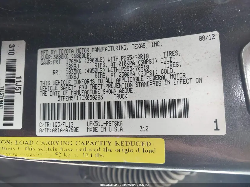 2012 TOYOTA TUNDRA 2WD TRUCK GRADE 4.6L V8 (A6)