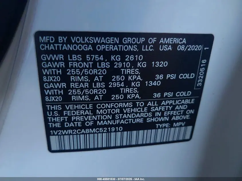 2021 VOLKSWAGEN ATLAS 3.6L V6 SE W/TECHNOLOGY