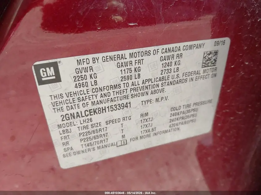 2017 CHEVROLET EQUINOX LT