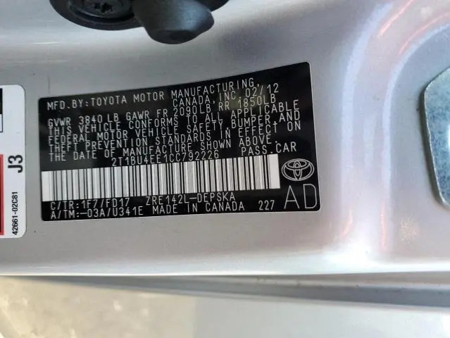 2012 TOYOTA COROLLA BASE  