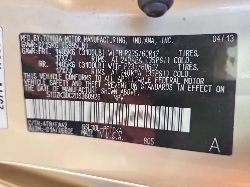 2013 TOYOTA SIENNA L 7-PASSENGER  