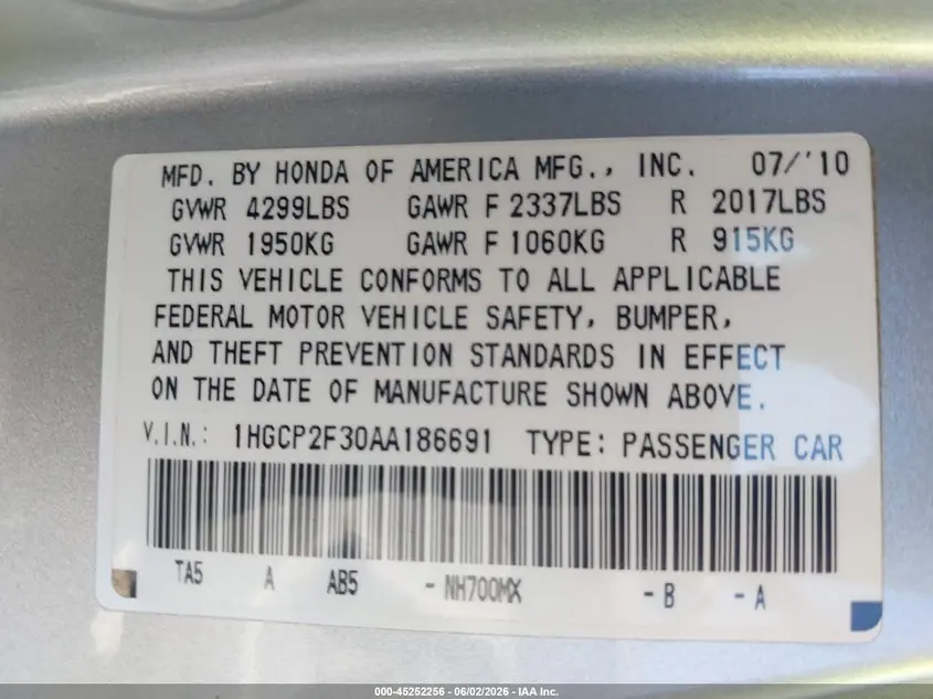 2010 HONDA ACCORD 2.4 LX