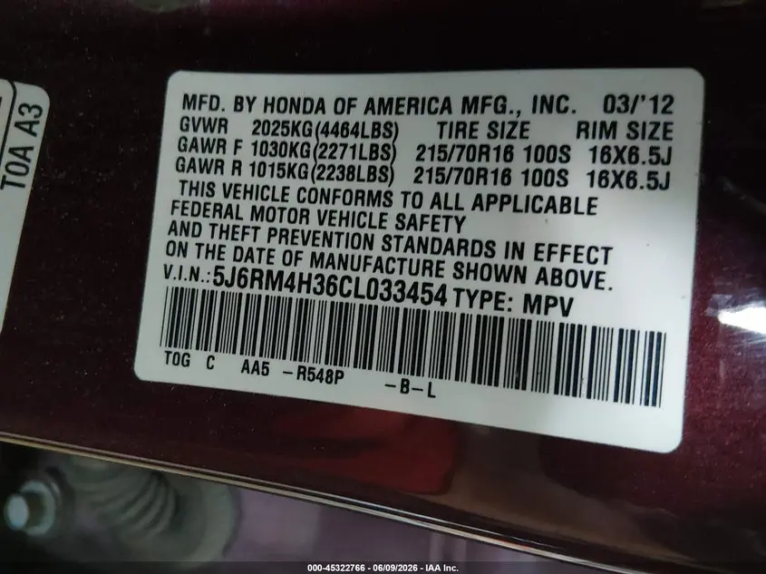 2012 HONDA CR-V LX