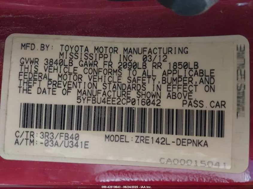 2012 TOYOTA COROLLA LE