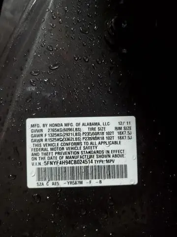 2012 HONDA PILOT TOURING  