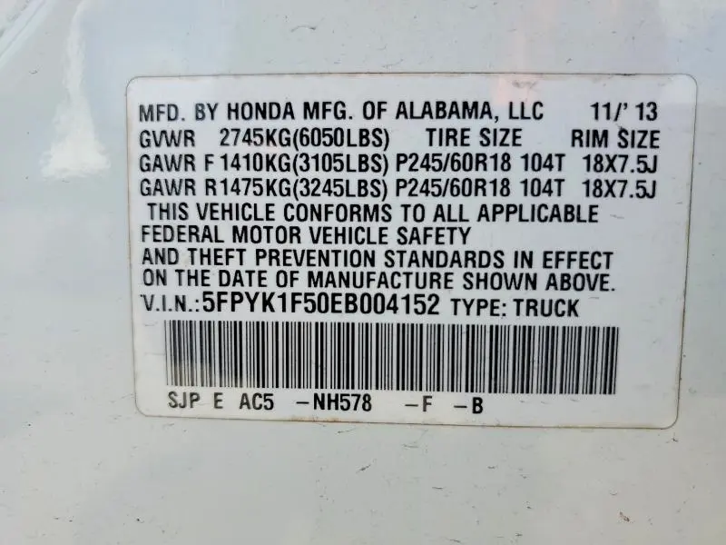 2014 HONDA RIDGELINE RTL  