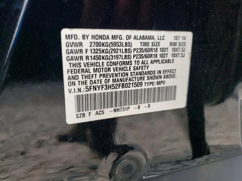 2015 HONDA PILOT EXL  