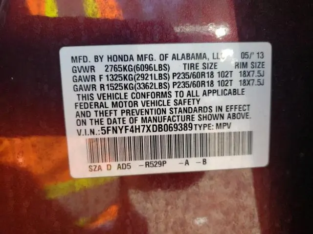 2013 HONDA PILOT EXLN  