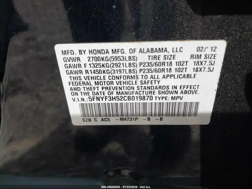 2012 HONDA PILOT EX-L