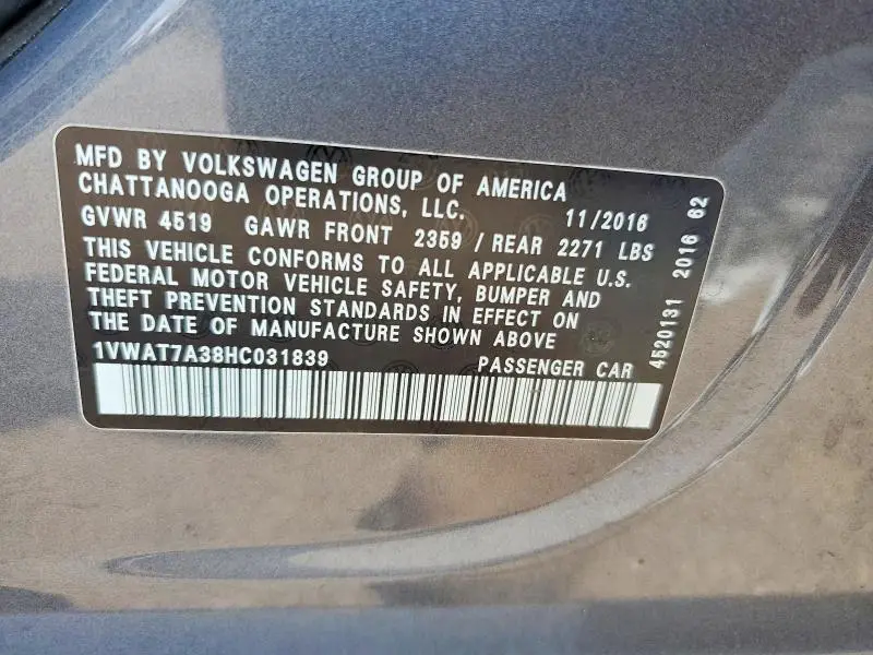 2017 VOLKSWAGEN PASSAT S  