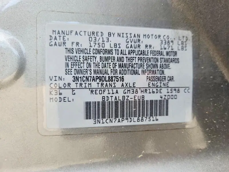 2013 NISSAN VERSA 1.6 S  