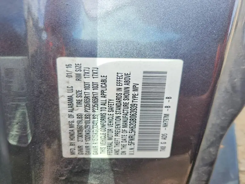 2016 HONDA ODYSSEY EXL  