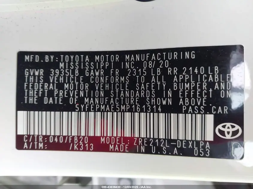 2021 TOYOTA COROLLA LE