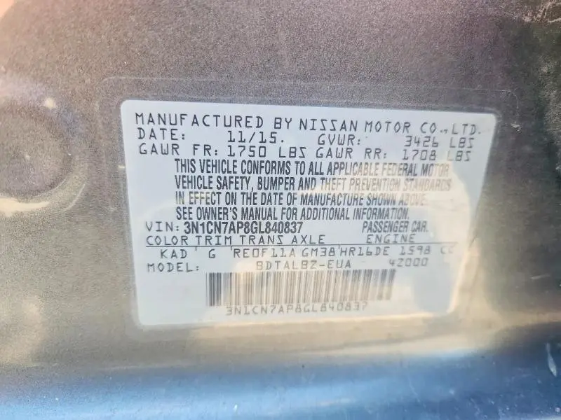 2016 NISSAN VERSA 1.6 SV  