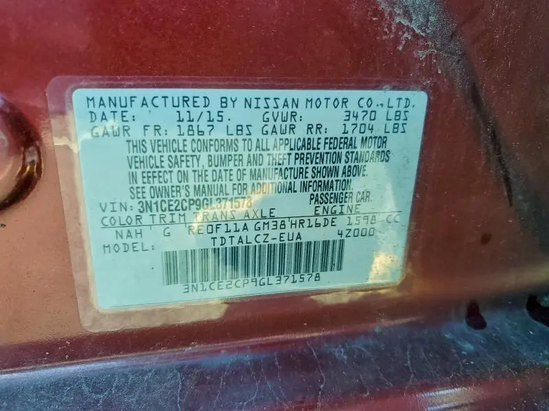 2016 NISSAN VERSA NOTE S  
