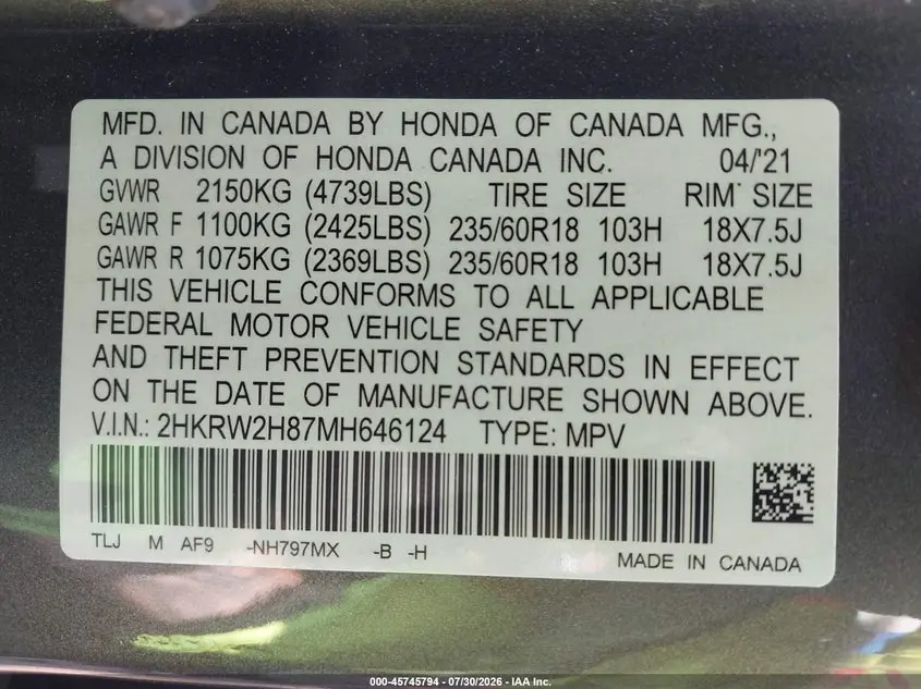2021 HONDA CR-V AWD EX-L