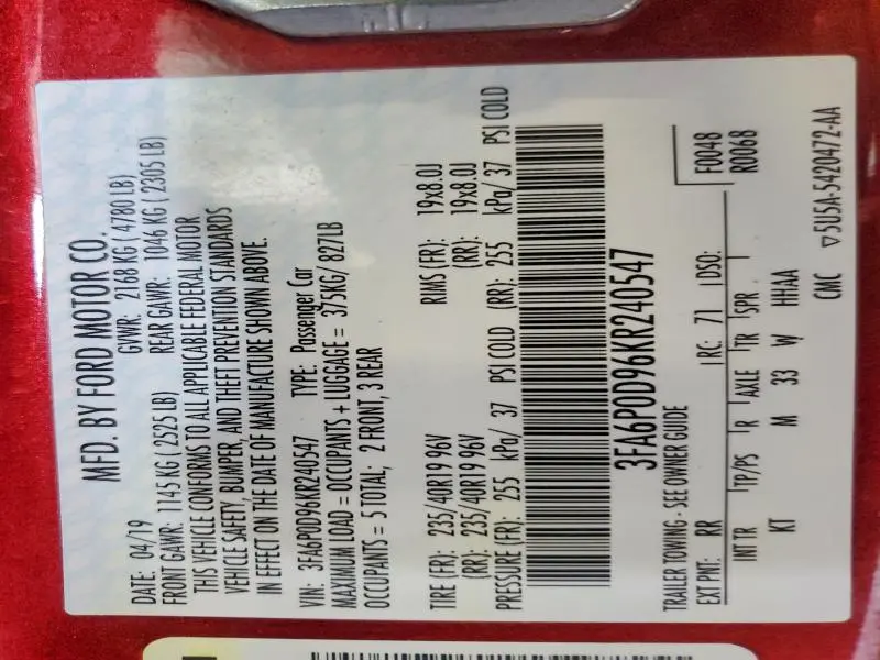 2019 FORD FUSION TITANIUM  