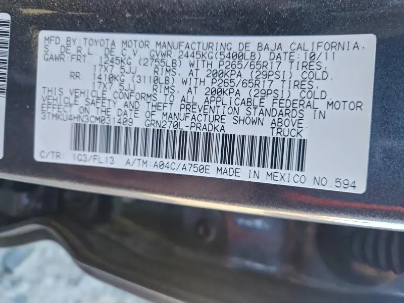 2012 TOYOTA TACOMA DOUBLE CAB PRERUNNER LONG BED  