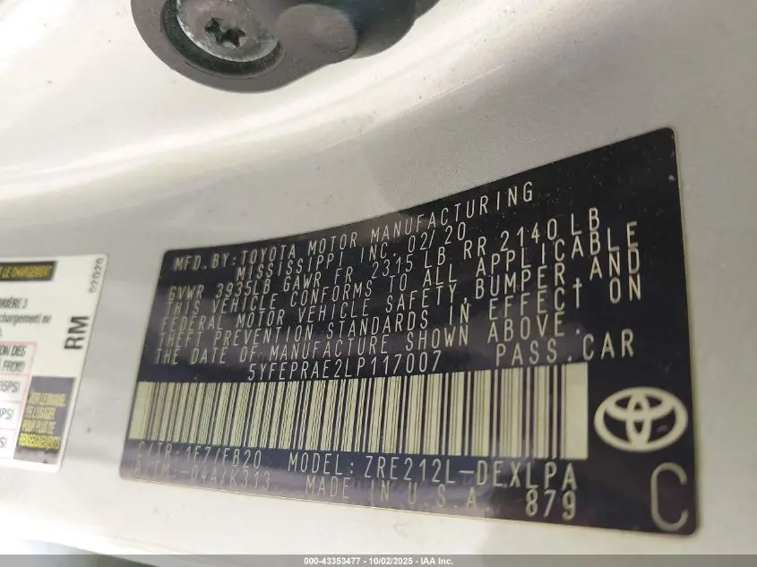 2020 TOYOTA COROLLA LE