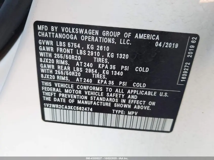 2019 VOLKSWAGEN ATLAS 3.6L V6 SE W/TECHNOLOGY