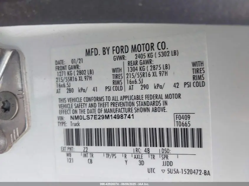 2021 FORD TRANSIT CONNECT XL CARGO VAN