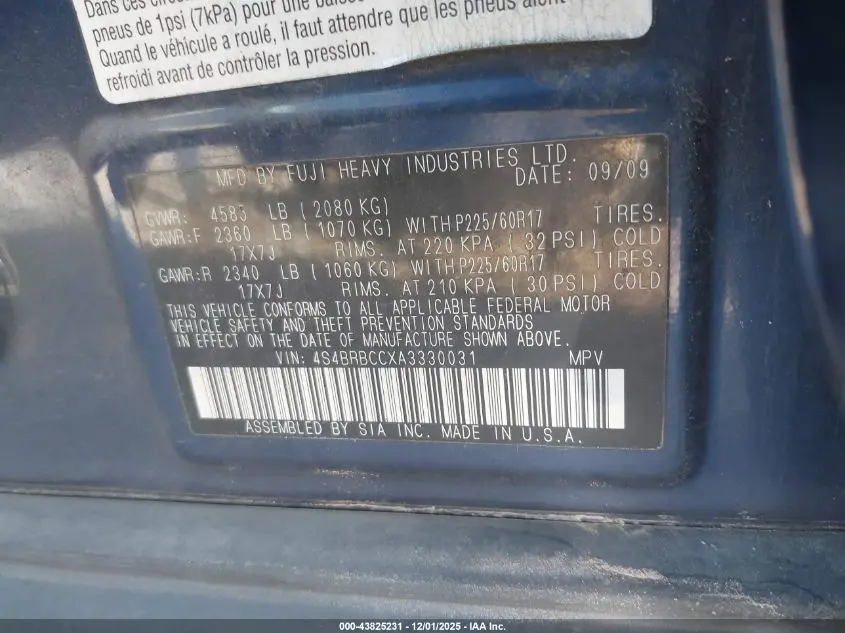 2010 SUBARU OUTBACK 2.5I PREMIUM