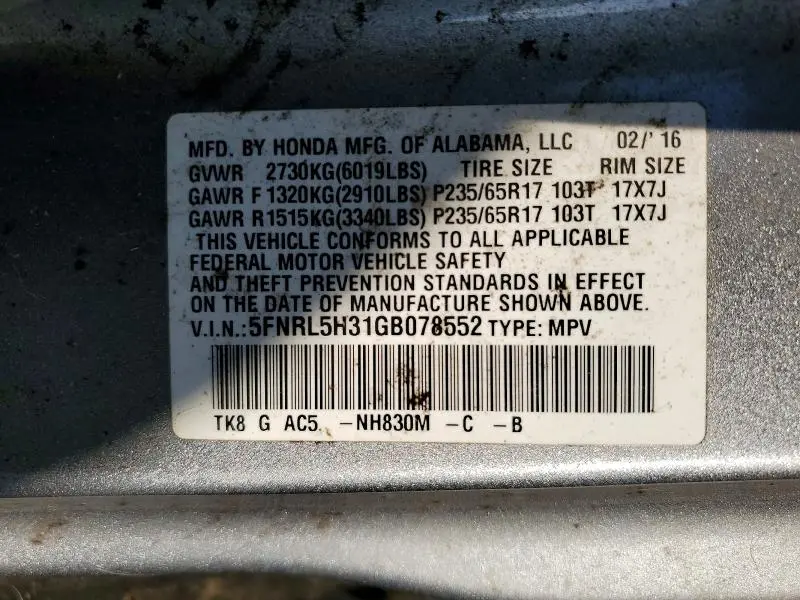 2016 HONDA ODYSSEY SE  