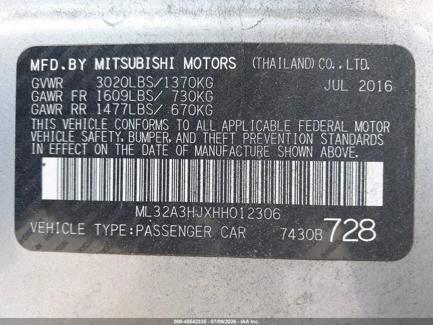 2017 MITSUBISHI MIRAGE ES