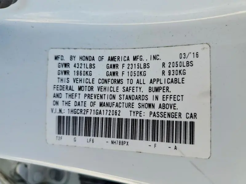 2016 HONDA ACCORD EX  