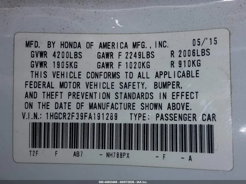2015 HONDA ACCORD LX
