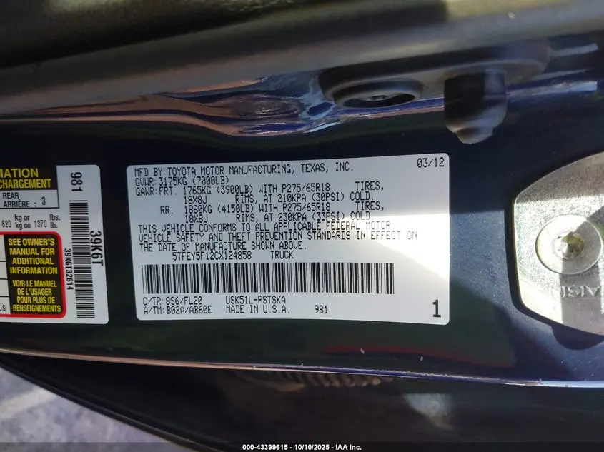 2012 TOYOTA TUNDRA GRADE 5.7L V8