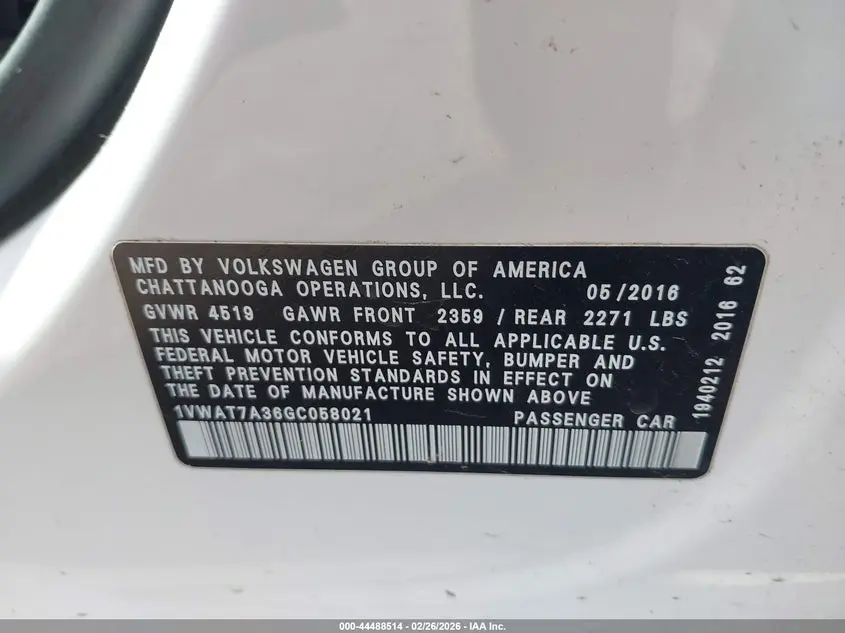 2016 VOLKSWAGEN PASSAT 1.8T S